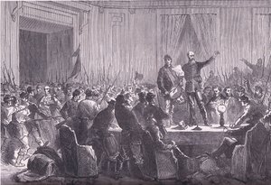 Den 106. bataljonen av nasjonalgardister leverer Trochu på Hotel De Ville, Cassells History of the War between France and Germany utgitt av Cassell and Company Limited, ca. 1890 (lito) av German School