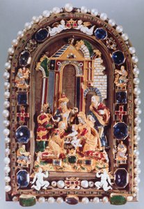 The Adoration of the Kings, relieffplakett innrammet med miniatyrfigurer av de fire evangelistene og putti vekslende med safirer, fra München (emalje, forgylt, halvedelstener, perler) av German School