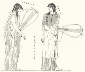 Den antikke greske poeten Alcaeus og hans elsker Sappho (gravering) av German School