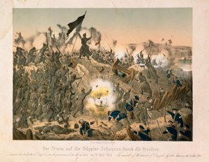 Slaget ved Dybboel i den andre Schleswig-krigen, 18. april 1864, utgitt av Verlag A. Felgner, Berlin, 1864 av German School