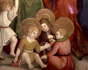 The Childhood of St. Joseph, detalj av barn som leker, Swabian School (olje på panel) av German School