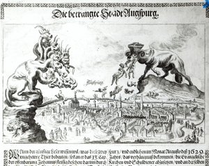 Byen Augsburg tvang til å akseptere katolsk dominans i 1629 (gravering) (bw-bilde) av German School