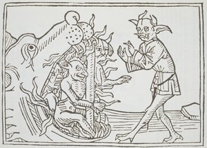 The Devil Belial before the Gates of Hell, fra Das Buch Belial, utgitt i Augsburg, 1473 av German School