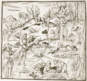 The Divining Rod, fra Bergwerk Buch av Georg Agricola, Frankfurt 1580, illustrert i en History of Magic, utgitt sent på 1800-tallet av German School