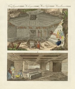 De etruskiske katakombene i gamlebyen i Tarquinia (farget gravering) av German School