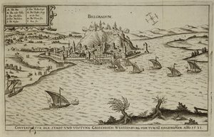 Beograds fall til tyrkerne i 1521, illustrasjon fra en bok om de osmanske kampanjene i Europa, gravert av Paul Furst (ca. 1605-66) av German School