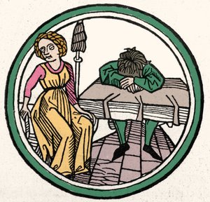 De fire temperamentene: Melankolsk (trist og deprimert) Xylography, Augsburg 1480 av German School