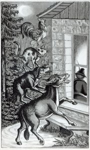 De fire dyrene som roper mot vinduet, illustrasjon for The Musicians of Bremen Town, fortelling av brødrene Grimm av German School