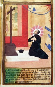 Den franske jesuitten Jean Francois Regis (1597-1640) kneler foran et krusifiks, fra The Jesuits Martyrology, 1688 av German School