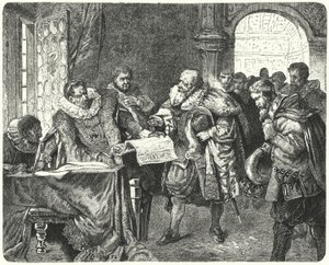 Den hellige romerske keiser Rudolf II gir bohemske protestanter større religionsfrihet i sitt majestetsbrev av German School