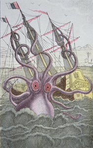 Kraken drar ned et skip (farget gravering) av German School