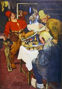 Det magiske bordet og det gyldne esel, illustrasjon av et eventyr av brødrene Grimm av German School