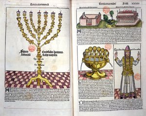 Menoraen og en hebraisk prest, fra Nürnberg-krøniken av Hartmann Schedel (1440-1514) 1493 (fargetresnitt) av German School