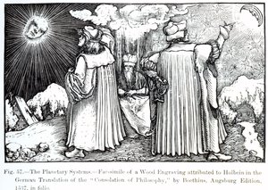 The Planetary Systems, fra The Consolation of Philosophy av Boethius, utgitt i 1537, illustrasjon fra Science and Literature in The Middle Ages and Renaissance, skrevet og gravert av Paul Lacr av German School