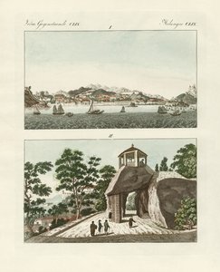 Den portugisiske kolonien Macau i Kina (farget gravering) av German School