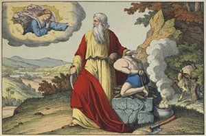 The Sacrifice of Isaac av Abraham, illustrasjon fra LAncien Testament, utgitt av Jakob Ferdinand Schreiber, Esslingen (fargegravering) av German School