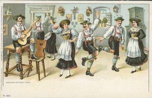 Schuhplattler-dansen (farge litho) av German School