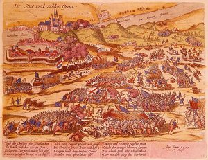 Beleiringen av Esztergom i 1595 (farget gravering) av German School