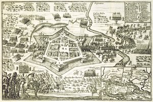 Beleiringen av Neuhausel av tyrkerne i 1663, illustrasjon fra en bok om de osmanske kampanjene i Europa, gravert av Paul Furst (ca. 1605-66) av German School