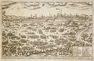 Beleiringen av Wien i 1529, illustrasjon fra en bok om de osmanske kampanjene i Europa, gravert av Paul Furst (ca. 1605-66) av German School