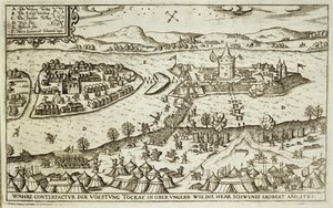 Byen Tokay gjenvunnet fra tyrkerne av Herr Schwendi i 1565, illustrasjon fra en bok om de osmanske kampanjene i Europa, gravert av Paul Furst (ca. 1605-66) av German School
