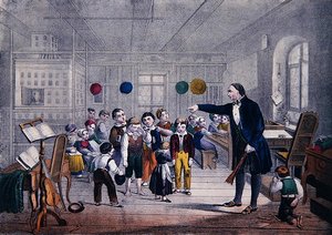 Landsbyskolemesteren, ca. 1850 (farge litho) av German School