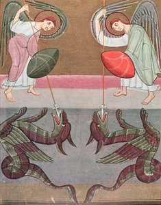 Englene som følger St. Michael angriper dragene, faksimile av Bamberg Apocalypse