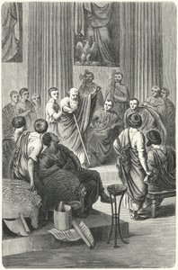 Den blinde Appius Claudius Caecus taler i det romerske senatet mot Cineas, ambassadøren til Pyrrhus av Epiris, 279 f.Kr. (gravering) av German School
