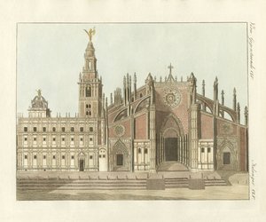 Katedralen eller storbykirken i Sevilla (farget gravering) av German School