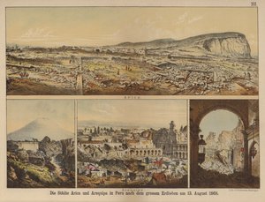 Byene Arica og Arequipa i Peru etter det store jordskjelvet 13. august 1868 (farge litho) av German School