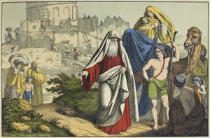 Konstruksjonen av Babelstårnet, illustrasjon fra LAncien Testament, utgitt av Jakob Ferdinand Schreiber, Esslingen (fargegravering) av German School