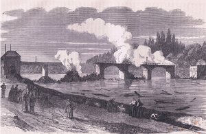 Forsvaret av Paris-brennende broen til Asnieres, Cassells historie om krigen mellom Frankrike og Tyskland utgitt av Cassell and Company Limited, ca. 1890 (litho) av German School