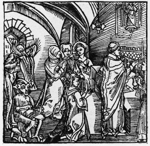 Djevlene transkriberer kjøpmennenes skravling under messen - i "Der Ritter von Turn"" av Knight Marquard vom Stein 1498 av German School
