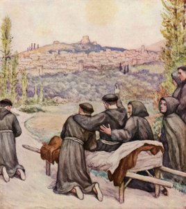 Den døende Frans velsigner byen Assisi (fargelitografi) av German School