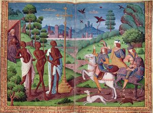 Legenden om de tre levende mennene og de tre døde mennene, fra Time Book of Hours of Charles V (vellum) av German School