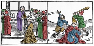 Martyrdøden til Saint Fabien (3. århundre), torturert pave og deretter halshugget, under keiser Dece-regjering. Gravering fra "Leben der Heiligen - sommerteil" (Helgenens bok) av Jacobus (James) av Voragine (1228-1298). Lübeck 1488. av German School