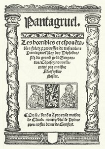 Tittelsiden fra den eldste kjente utgaven av Pantagruel, en roman av Francois Rabelais (gravering) av German School