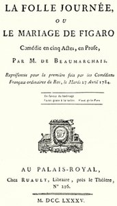 Tittelsiden fra skuespillet Figaros bryllup, av Pierre Beaumarchais, først fremført i 1784 (gravering) av German School