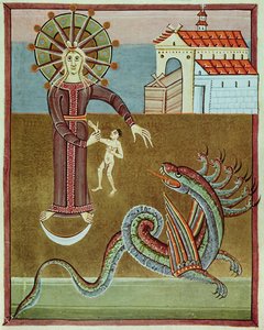 Kvinnen kledd med solen som ble angrepet av dragen med syv hoder, faksimile av Bamberg Apocalypse av German School