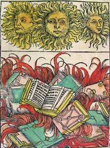 "Three Suns and Book Burning", publisert i Nuremberg Chronicle, 1493 av German School