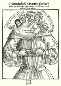 Tittelsiden til brosjyren The Seven Heads of Martin Luther av John Cochlaeus av German School