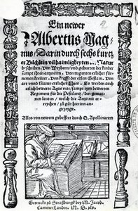Tittelside for en ny Albertus Magnus: seks korte bøker som beskriver mange av naturens hemmeligheter, utgitt 1514 (tresnitt og boktrykk) av German School