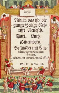 Tittelside fra Lutherbibelen, ca. 1530 (farget tresnitt) av German School