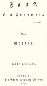 Tittelside fra den første utgaven av Faust, av Johann Wolfgang Von Goethe (gravering) av German School