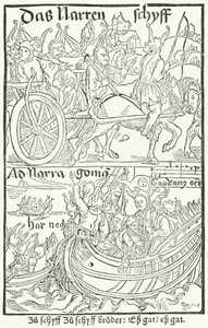 Tittelside fra den første utgaven av Sebastian Brants Fools Ship, trykt av Johann Bergmann von Olpe i Basel i 1491 (gravering) av German School