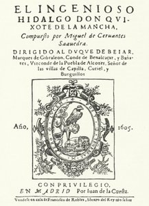 Tittelside fra den første utgaven av romanen Don Quixote, av Miguel de Cervantes (gravering) av German School