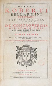 Tittelside til De Controversiis av Robert Bellarmine, utgave utgitt i Köln i 1620 (trykt papir) av German School