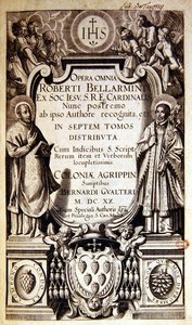 Tittelside til Opera Omnia (komplette verk) av Robert Bellarmine, utgave utgitt i Köln i 1620 (trykt papir) av German School