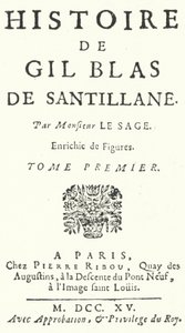 Tittelside til den første utgaven av Gil Blas av den franske romanforfatteren og dramatikeren Alain-Rene Lesage, utgitt i 1715 (gravering) av German School