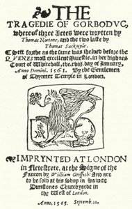 Tittelside til den første utgaven av The Tragedie of Gorboduc (1565), av Thomas Norton og Thomas Sackville (gravering) av German School